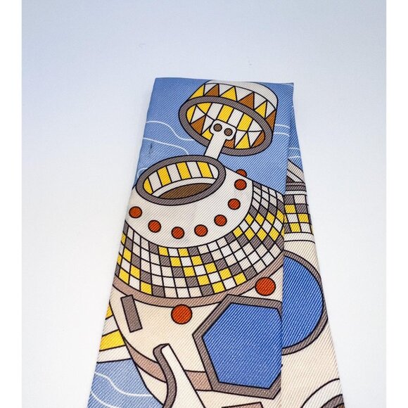 Rare Authentic Vintage HERMES Odyssey Beige Bleu Ciel&Jaune Vif 100% Silk Twilly - Picture 6 of 8